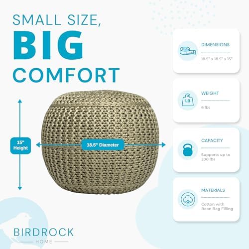 BIRDROCK HOME Round Pouf Ottoman Foot Rest, 18.5”x15”, Herbal Olive Green