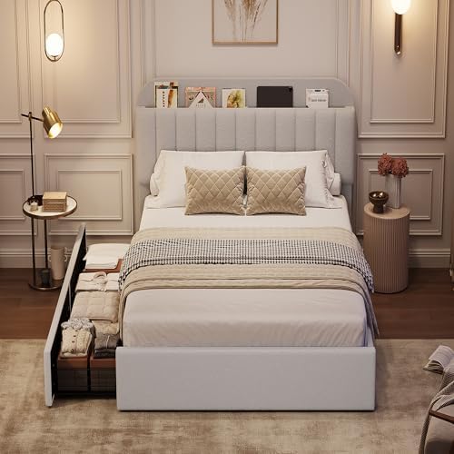 GarveeHome Twin Bed Frame, Platform Bed with Storage Headboard & Drawers