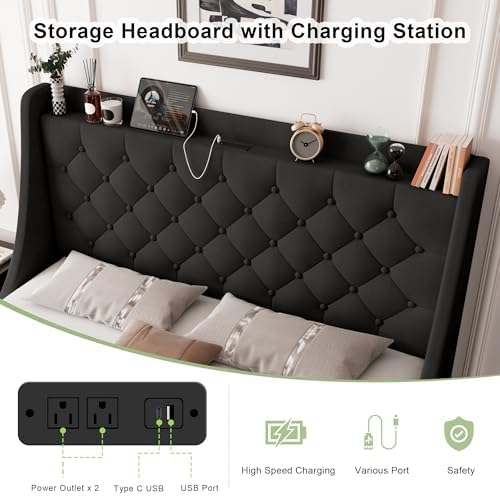 Feonase Upholstered Full Size Bed Frame with 4 Storage Drawers, Large Wingback Storage Headboard, No Box Spring Needed, Black
