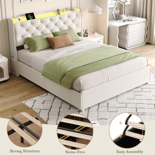 Upholstered Full Size Bed Frame with 4 Storage Drawers, Beige