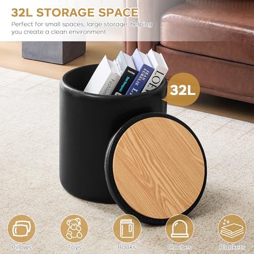 Leather Storage Ottoman Round, Living Room Stylish Foot Stool with Storage