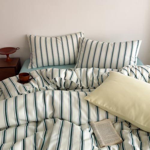 mixinni Retro Green Striped Duvet Cover Set Queen Size – Mid Century Vintage Bedding Set, 3 Piece Washed Microfiber Soft Comforter Cover with Zipper & Corner Ties, (1 Duvet Cover + 2 Pillowcases)