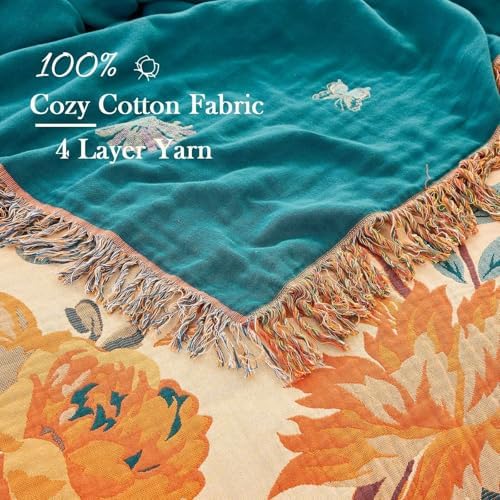 XIBLC Boho Throw Blanket for Bed, 100% Cotton Soft Rustic Quilt Fall Blanket, 60"x80" Floral Printed Farmhouse Decor Bed Blankets, All Season Rustic Reversible Bohemian Throw Quilt