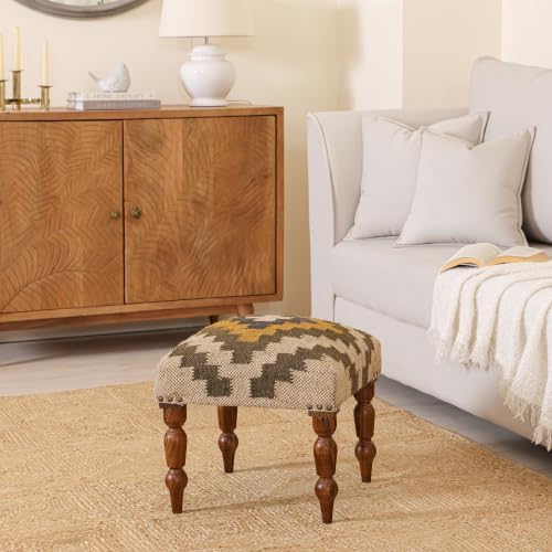 Handmade Jute Upholstered Ottoman Stool | Square Foot Rest with Wooden Legs | Decorative Accent Seating for Bedroom, Living Room, Entryway, Vanity & Hallway (Beige-Pista Green)