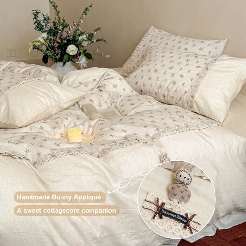 Shabby Chic Cotton Linen Duvet Cover Set 3 Pcs,68"×86" Twin Bedding