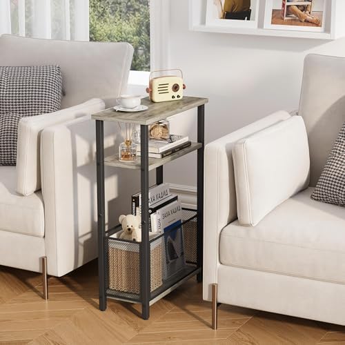 MMEOLUOOK Narrow Side Table with Storage Basket Skinny End Tables for Smalls Spaces 3 Tier Sofa Table Small Nightstand Slim Bedside Table for Living Room Bedroom Oak MLBZ22Q