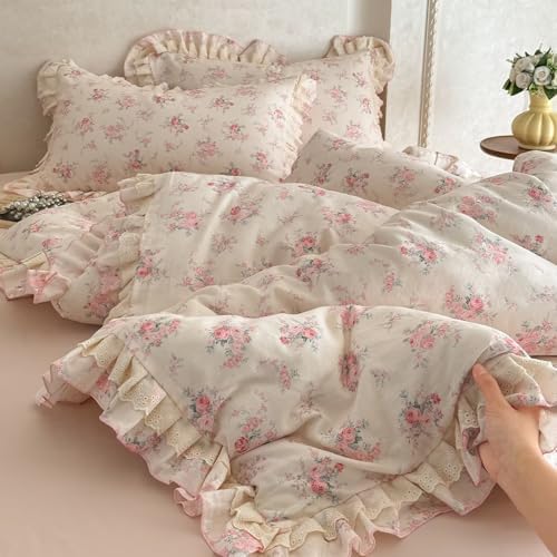 Boho Floral Duvet Cover Set Queen Size 3 Pcs,Pink Flower 100% Cotton Muslin Gauze Bedding Set with Lace Ruffles,Breathable Lightweight Comforter Covers with 2 Pillowcases 90"×90"