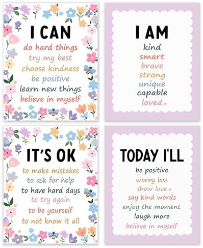 BESERH Boho Floral Positive Affirmation Wall Decor, Inspirational Motivational Quote Wall Art Prints Posters for Classroom Kids Room Nursery Playroom, 8x10 Inches Set of 4 Unframed