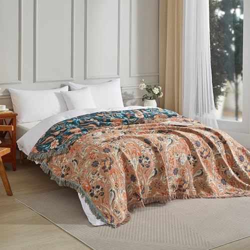 Boho Throw Blanket for Bed 90”x98”, 100% Cotton Blanket for Couch Sofa