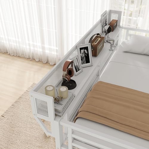 Full Size Metal Loft Bed Frame with Desk, Staircase, Built-in Storage Shelves and Wardrobe, Modern Loft Bed with Solid Slats, Guardrail, No Box Spring Required, Easy Assembly, for Bedroom, White