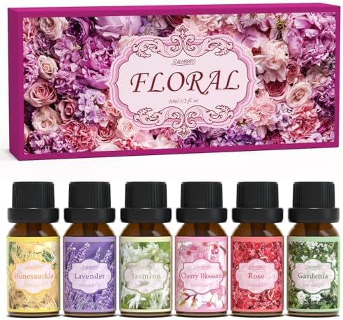 SALUBRITO Floral Fragrance Oils Set, Essential Oils for Diffuser & Candle Making Scents, 6x10ml Aromatherapy Oils Gift Set - Jasmine, Lavender, Rose, Gardenia, Cherry Blossom, Honeysuckle Oil