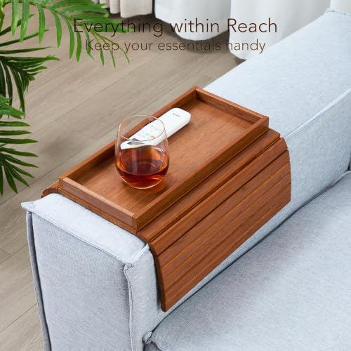 DETOR Couch Arm Tray with Spacious 12.4" x 5.4" Storage Box, Acacia Stained Bamboo Finish, Enhanced Non-Slip Felt Bottom, Sturdy Bamboo Slats, Fits Armrests 6" and Wider