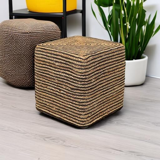 · REDEARTH · Jute Cotton Braided Cube Pouf Ottoman Foot Rest- Natural Black