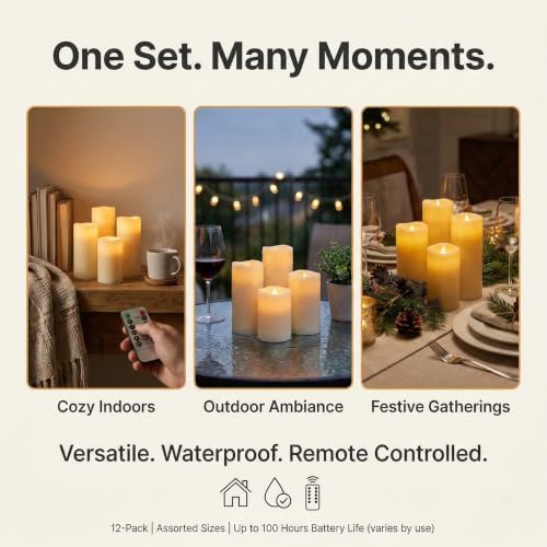 Enido Waterproof Flameless Candles, Set of 12 Battery Operated LED Pillar Candles with 2 Remote Controls & Timer, Flickering Indoor Outdoor Candles for Halloween, Wedding, Home Decor, 4''5''6''