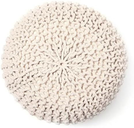 · REDEARTH · Round Pouf Ottoman - Hand Knitted Boho Poof Footrest - Ivory