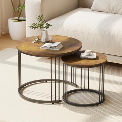 Garden 4 you Nesting Coffee Table, 23.6" Round Coffee Table Set of 2, Wooden Nesting Table with Metal Frame, Ceter Tables for Living Room Bedroom Balcony, Rustic Brown