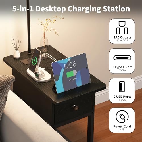 runjuly Floor Lamp with Table, Narrow Side Table with Charging Station