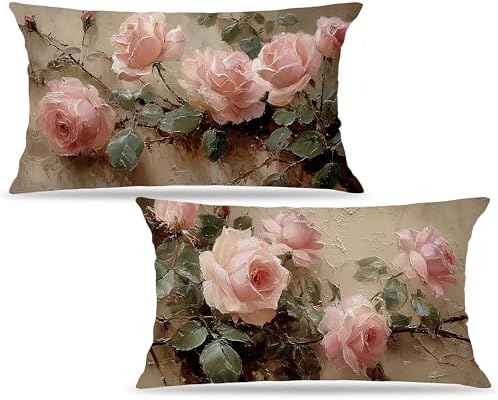 Vintage Pink Rose Floral Rectangle Pillow Throw Cover 20x12 Decor, Shabby Chic Rustic Cottagecore Decorative Throw Pillow Covers Double-Sided Set of 2