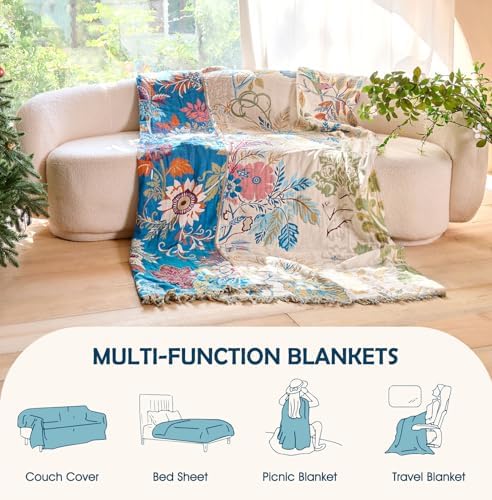 Boho Throw Blanket - 60"x80" Cozy 100% Cotton Throws for Sofa Bed