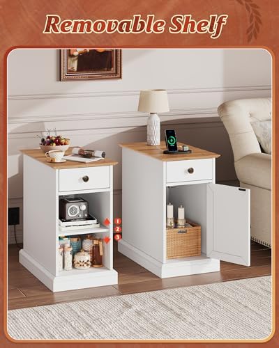 WLIVE End Table with Charging Station, Narrow Sied Table with Drawer & Cabinet, Side Table with Adjustable Shelf for Living Room/Bedroom, Farmhouse Nightstand with Hidden USB Ports and Outlets, White