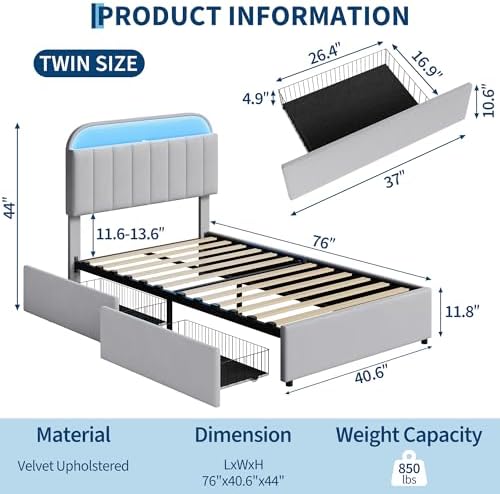 GarveeHome Twin Bed Frame, Platform Bed with Storage Headboard & Drawers