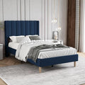 Twin Size Bed Frame with Velvet Upholstered Headboard, Blue