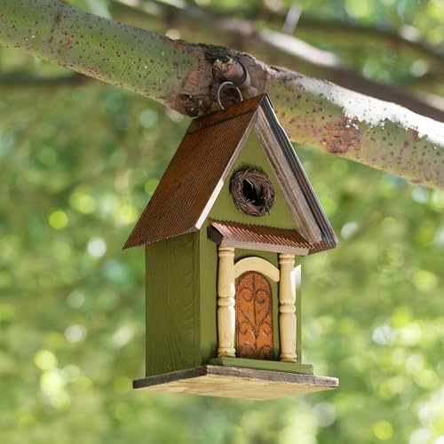 Glitzhome Hanging Birdhouse for Outdoors, Bird Houses for Outside, 11.25" H Vintage Distressed Decorative Wooden Bird House Garden Birdhouse for Bluebird Hummingbird Wren Finch Cardinals Cedar