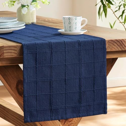 ZeeMart Linen Checked Farmhouse Table Runner, 13x90 Inches Navy Blue