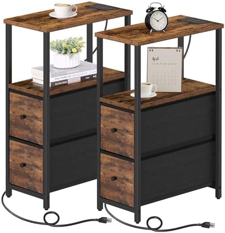 TUTOTAK Narrow End Table with Charging Station, Skinny Side Table