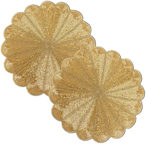 ALPHA Living HOME Beaded Placemats Set of 2, 13 Inch Round Gold Table Mats