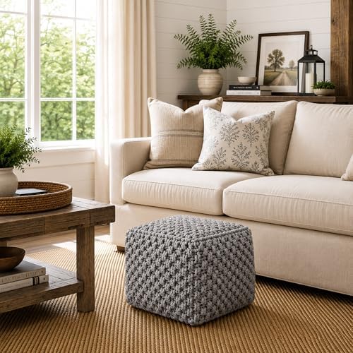 Casafield Square Pouf Ottoman, Light Gray 18.5" W x 18.5" D x 14.5" H Cotton Knit Foot Stool - Boho Floor Pouffe for Living Room, Bedroom, Home Office
