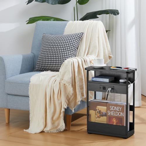 Narrow Side Table with Charging Station Small Spaces Narrow End Table
