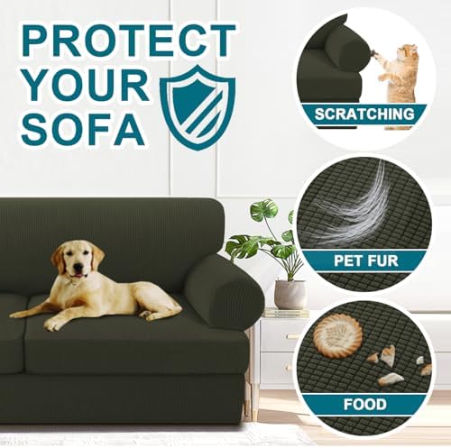 Turquoize 3 Piece T Cushion Loveseat Slipcovers Sofa Cover for 2 Cushion Couch Cover Washable Sofa Slipcover Furniture Covers with 2 Individual T Cushion Seat Covers (2 Cushion Loveseat, Olive)
