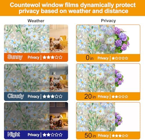 Countewol Privacy Window Films Stain Glass Cling No Glue Anti-UV Window Sticker for Bathroom Bedroom Living Room(Daisy Rainbow 78.7" L*35.4" W)