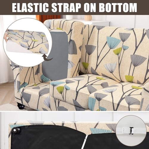 SearchI Stretch Sofa Cover Printed Couch Cover, Floral Pattern 4 Pieces Sofa Slipcover with 3 Separate Cushion Cover, Washable Furniture Protector for Living Room(Sofa, Dandelion Pattern)
