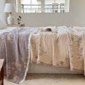 Simple&Opulence Cotton Muslin Blanket Queen 90"x90", Reversible Yarn-Dyed Vintage Brick Beige Floral Jacquard, 3-Layer Gauze with Tassels, Lightweight Breathable All-Season Bedspread for Bed Couch