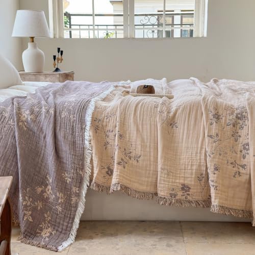 Simple&Opulence Cotton Muslin Blanket Queen 90"x90", Reversible Yarn-Dyed Vintage Brick Beige Floral Jacquard, 3-Layer Gauze with Tassels, Lightweight Breathable All-Season Bedspread for Bed Couch