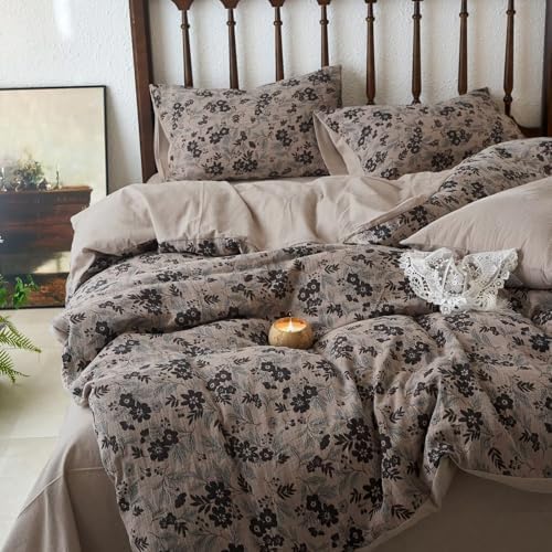 BuLuTu Vintage Muslin Duvet Cover Set Full, 100% Cotton Linen Like Comforter Cover Boho Floral Quilt Cover with 2 Pillowcases, 80"x90", Soft Breathable Bedding Set, Zipper & Corner Ties