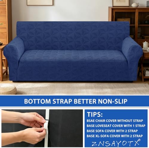 ZNSAYOTX Stretch Couch Cover, 1 Piece Sofa Covers for 3 Cushion Couch, Jacquard Sofa Slipcovers with Elastic Bottom Thickened Furniture Protector for Dog Cat Pet (Large, Navy Blue)