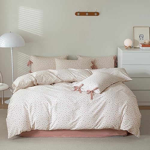Floral Print Duvet Cover Full Size Cottage Pink Striped Bedding Set 3pcs