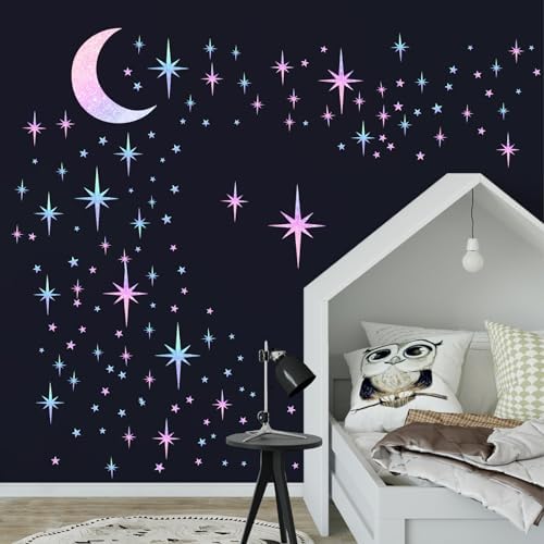 Retro Star Wall Decals Sparkle Wall Decor Stickers Rainbow Stars Moon Decal