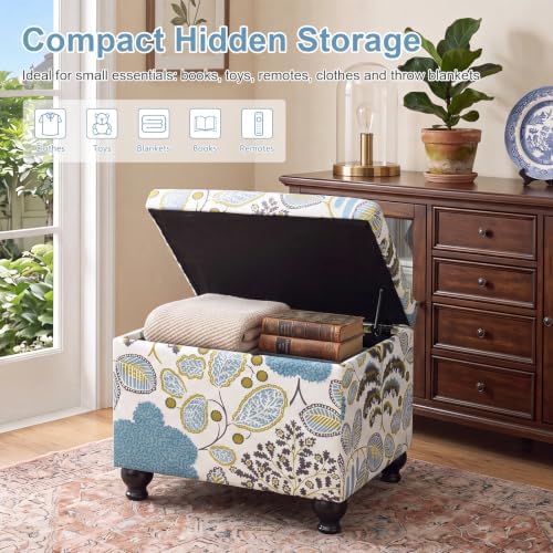 Adeco Colorful Storage Ottoman with Storage, 21" Linen Fabric Ottoman Foot Rest Stool with Hinged Lid with Blue Leaf Pattern, 360 LB Load Capacity, Living Room, Bedroom, Entryway