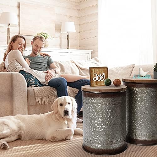 RUSTOWN Farmhouse Accent Side Table, Set of 2 Galvanized Storage Ottoman