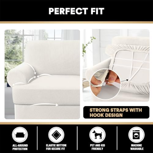 PrinceDeco 2 Pieces Armchair Slipcover Stretch Couch Covers for T Cushion Chair Slipcovers Soft Arm Chiar Cover Furniture Covers with 1 Individual T Shape Seat Covers Width Up to 40", Porcelain