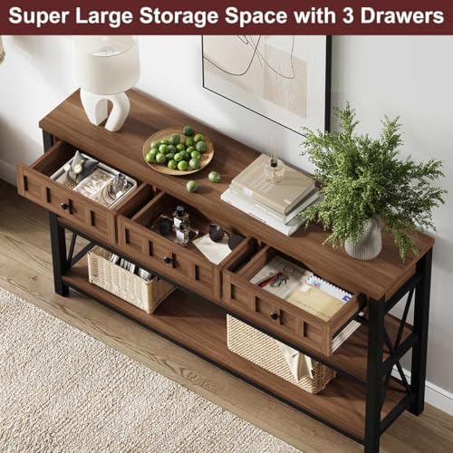 FATORRI Console Table for Entryway, 54.72 Inch Long Farmhouse Sofa Table with 3 Drawers for Living Room, Wood and Metal Hallway Tables with Storage and Couch Tables Behind Sofa, Medium Walnut