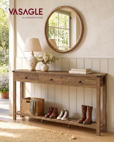 VASAGLE 63 Inche Narrow Console Table with 3 Drawers and Open Storage Shelf