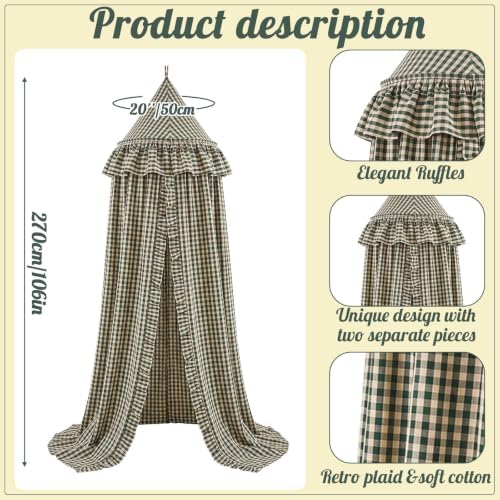 SmoothNovelty Gingham Plaid Bed Canopy, Green Yellow, Round