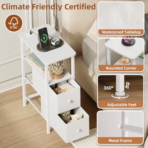 Somdot Narrow End Table Set of 2, Charging Station, Side Table, 2 Drawers