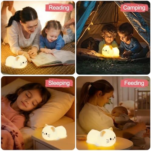Cat Night Light & Lamp for Baby Nursery - Soft Lying Kitty Nightlight, Dimmable and 7 RGB Colors, Switchable Animal Sound,Rechargeable BPA-Free,Good for Room Decor,Valentines Day, Holiday Gifts