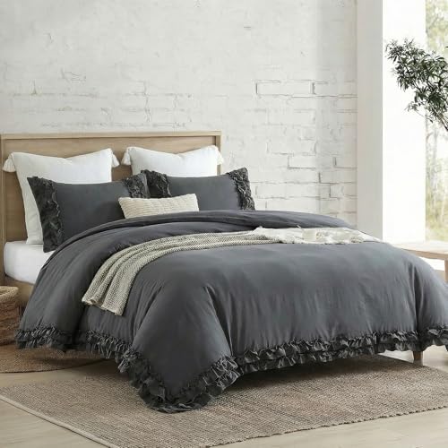 Dark Grey Ruffled Duvet Cover King Boho Bedding Set Gary Ruffle Fringe Shabby Chic Bedding Super Soft Cozy Farmhouse Duvet Cover Set for All Season